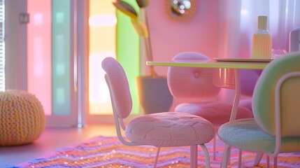 pastel dining table plush flamingo chair whimsical room soft colors playful cozy decor