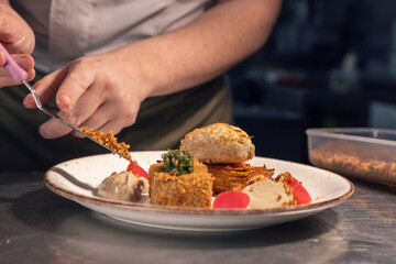 Professional chef carefully placing finishing touches