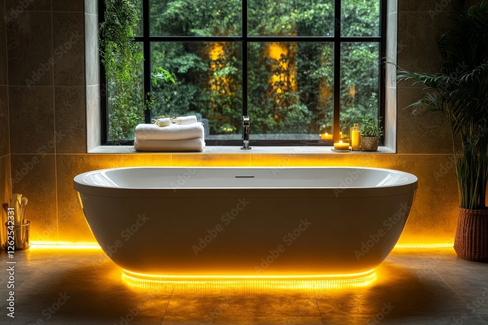 Poster elegant modern bathroom with soft lighting and greenery in a serene setting