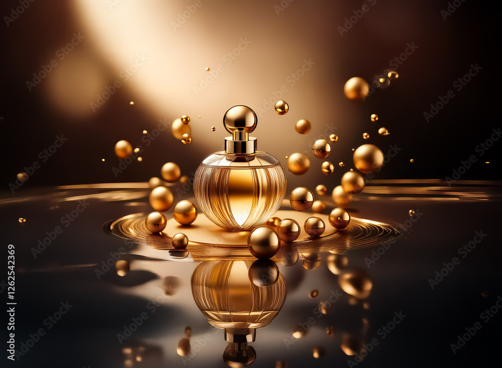 Aufkleber elegant perfume bottle with golden liquid and shiny spheres on a reflective surface creates a luxuri