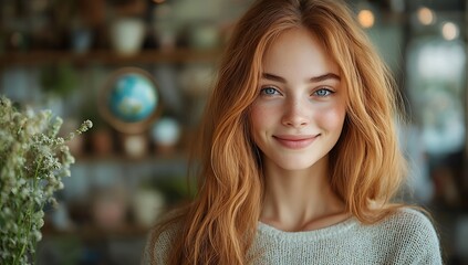 Obraz premium Woman with Wavy Red Hair in a Cozy Plant Filled Space