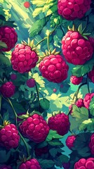 Lush raspberry plants are heavy with ripe red fruits, basking in sunlight, surrounded by vibrant green leaves in a picturesque orchard setting