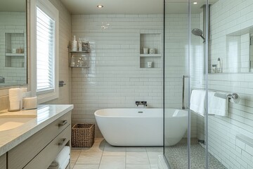 Elegant modern bathroom featuring a freestanding tub and sleek tile design in a bright, airy space
