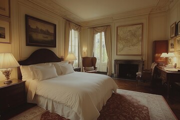 Elegant bedroom featuring a large bed, vintage decor, and natural light in a charming historic building
