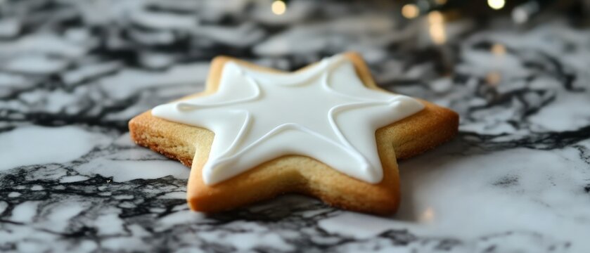 A star-shaped cookie decorated with smooth white icing lies on a marble countertop, capturing the festive spirit during a holiday celebration - Powered by Adobe