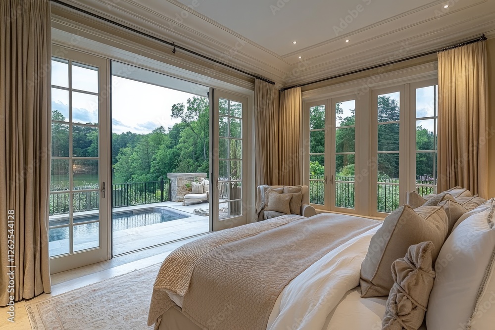 Poster luxurious bedroom with elegant decor and serene view of nature near a pool in a peaceful setting