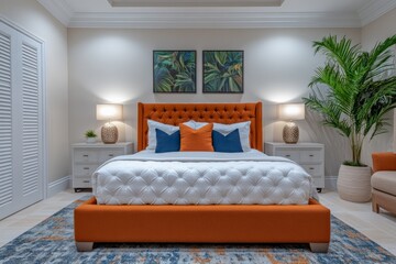 Fototapeta premium Modern bedroom design featuring orange and white elements with tropical decor in a cozy home setting