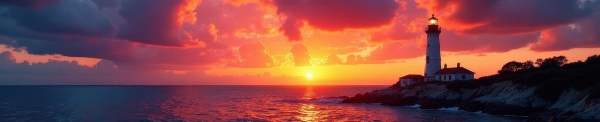 Obraz premium Lighthouse stands tall against fiery sunset over tranquil ocean, tower, nature