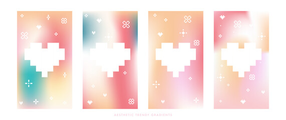 Abstract minimal vertical stories set with geometric pattern and heart shape frame. Aesthetic light pink and gold gradient background. A set of gradient templates for social media post, cover, wedding