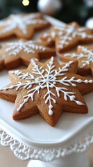 Fototapeta premium Intricate snowflake-shaped gingerbread cookies are elegantly decorated with white icing on a decorative platter, perfect for a festive gathering during winter