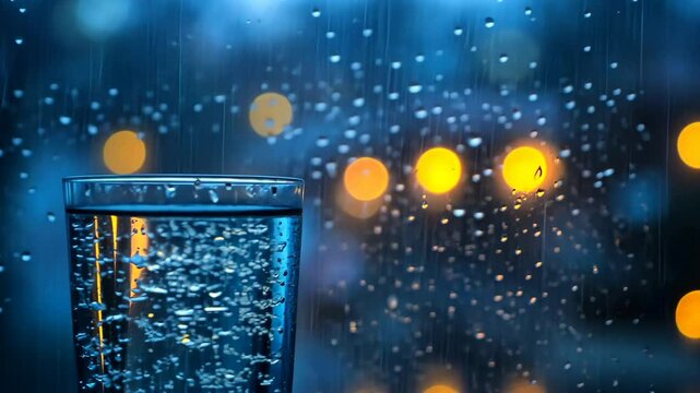 Clear water in a glass reflecting raindrops and city lights during a rainy evening