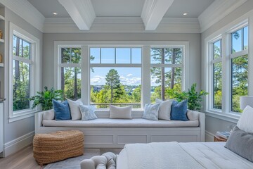 Fototapeta premium Cozy interior design with natural light and scenic views in a modern bedroom