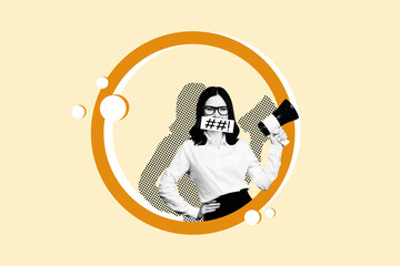 Art sketch collage of happy girl hold megaphone propaganda concept censorship strike demonstration rebellion activist riot