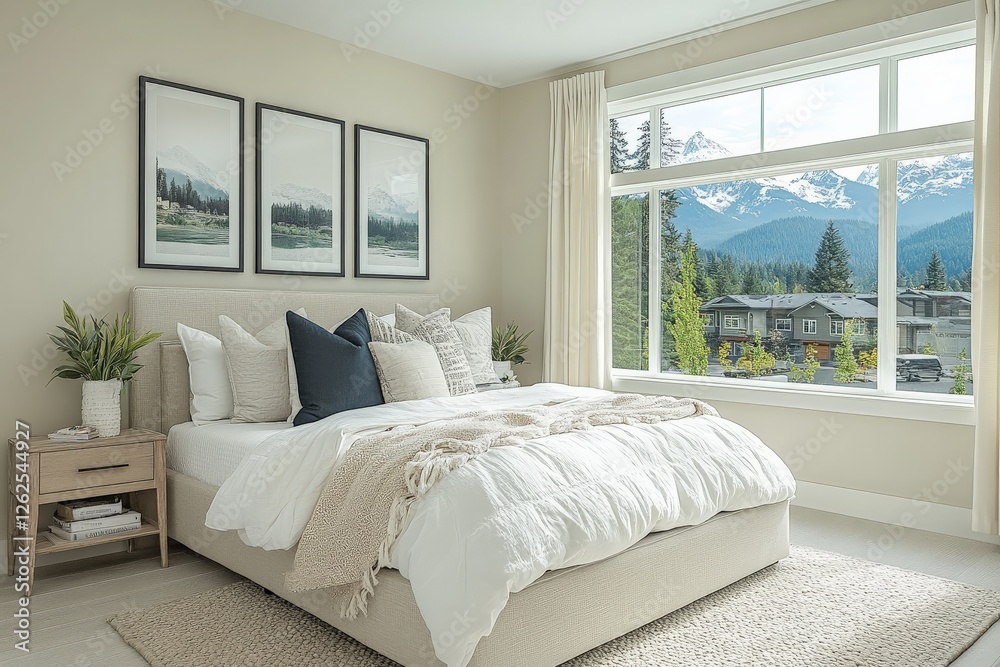 Poster Cozy bedroom with mountain view featuring soft textiles and serene decor elements in a peaceful setting