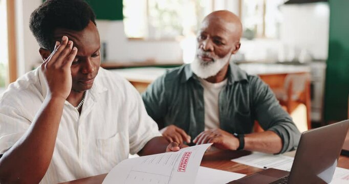 Father, son and stress with finance documents for payment overdue, banking loan and mortgage reminder. Black family, empathy and laptop with paperwork notice, financial invoice and bankruptcy at hous