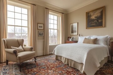 Cozy bedroom with large windows and elegant decor in a warm, inviting atmosphere