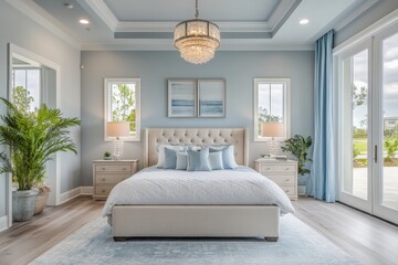 Elegant bedroom interior design featuring a plush bed and natural light in a modern home