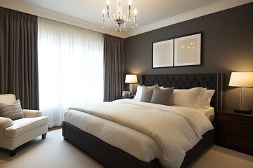 Luxurious bedroom with elegant decor, featuring a plush bed and stylish furnishings in a modern setting