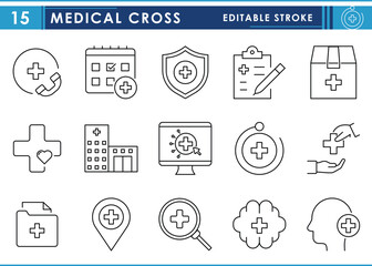 A set of line icons related to Medical Cross Symbols. Document, hospital, call, package, health equipment, tech, and so on. Vector editable stroke.