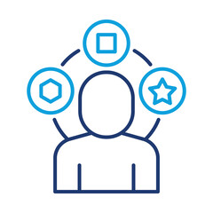 Person with Multile symbols. This icon represents knowledge, skill development, and expertise gained over time in various fields.