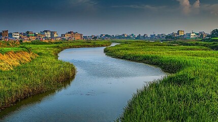 Obraz premium Serene River Winding Through Lush Grasslands, Town in Background