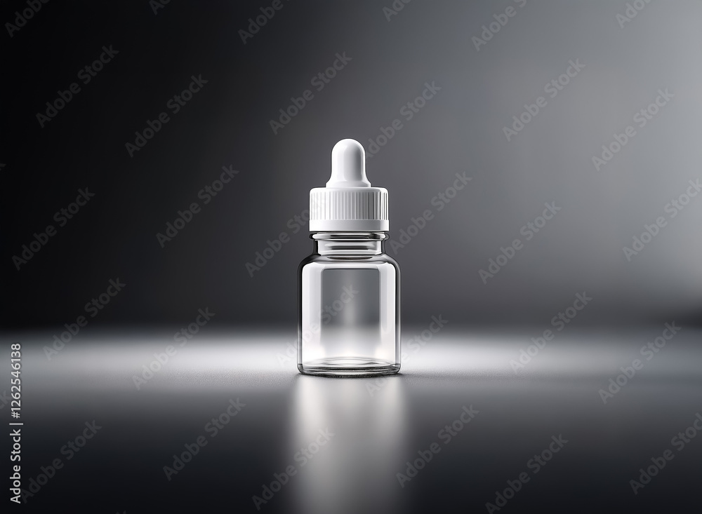Poster Clear glass bottle with a white dropper cap is centered on a gray surface against a dark backdrop in a studio setting.