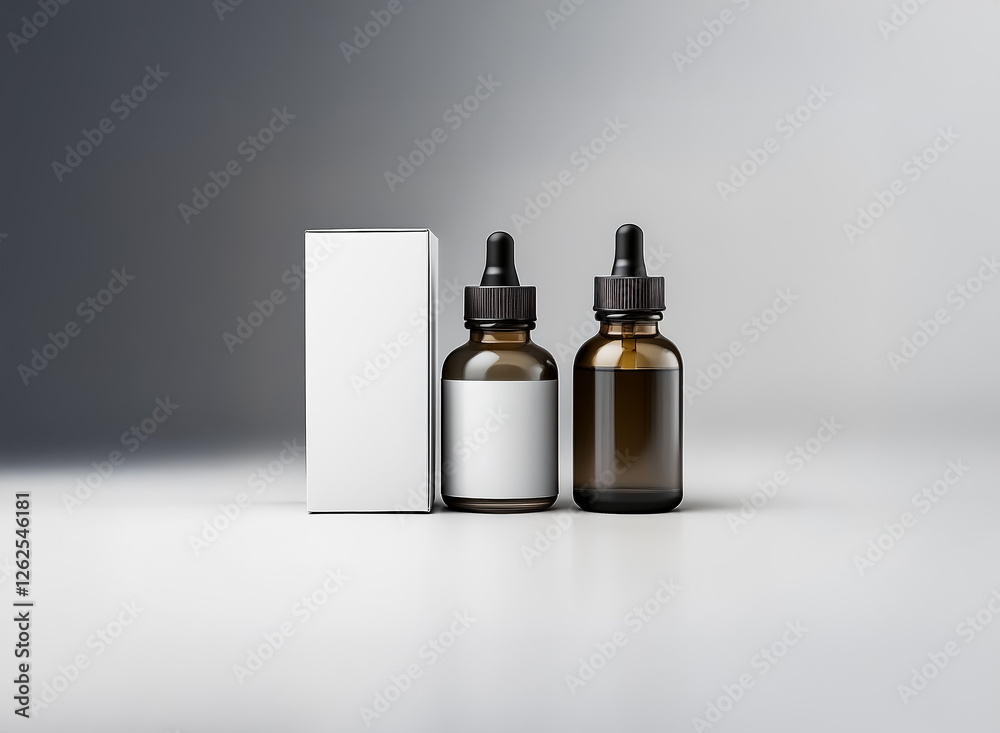 Poster Two amber bottles with droppers and a white box sit on a bright surface against a soft grey gradient backdrop, creating a clean and simple product presentation.