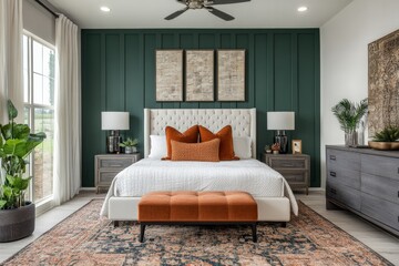 Fototapeta premium Modern bedroom featuring a green accent wall and stylish decor in a cozy, inviting atmosphere