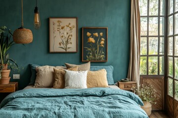 Cozy bedroom with plants and artwork in a peaceful setting during daytime light