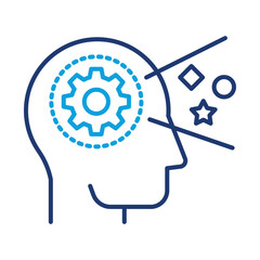Vector icon of Head with gear and objects. This icon represents the ability to interpret and respond to information from various angles and perspectives.