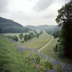 Serene valley landscape with wildflowers, winding road, and forested hills; idyllic nature scene for travel brochures or calendars