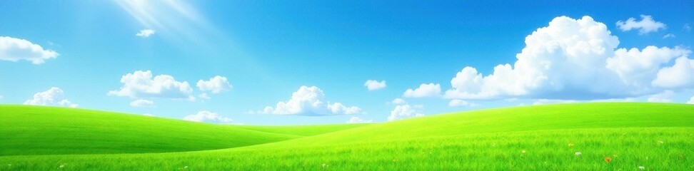 Obraz premium Lush green meadow, vibrant blue sky, fluffy white clouds Summer's day , ecology, day, outdoor
