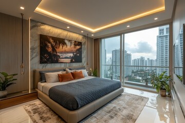 Luxury bedroom with modern decor and city view overlooking skyline during overcast weather