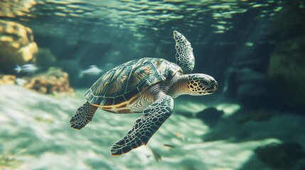 Fototapeta premium Sea Turtle Swimming in Pristine Turquoise Waters