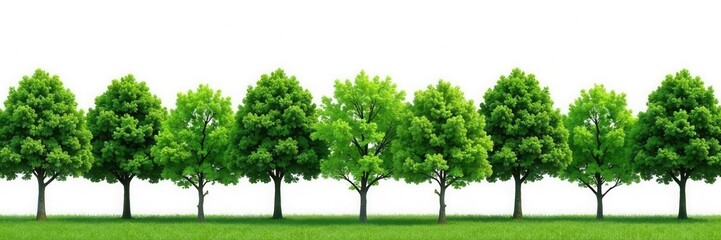 Obraz premium Lush green trees in a neat row against a bright white sky , backdrop, fresh