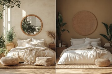Stylish modern bedroom design showcasing natural materials and earthy tones for a serene atmosphere