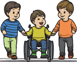 Inclusive Friendship - Two Kids Holding Hands with a Boy in a Wheelchair - Diversity and Inclusion Concept