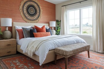 Cozy modern bedroom with orange accents and natural textures in a sunny location