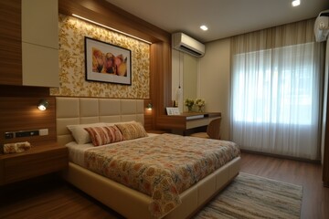 Cozy bedroom with floral decor and natural light in a modern home setting