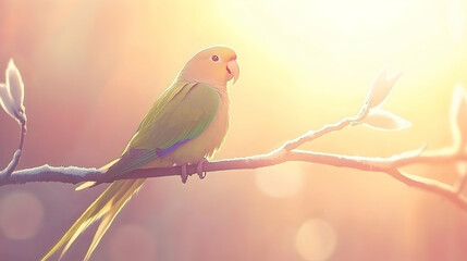 Obraz premium Sunny morning, green parrot perched on snowy branch, soft light bokeh background, nature scene, ideal for calendar or website