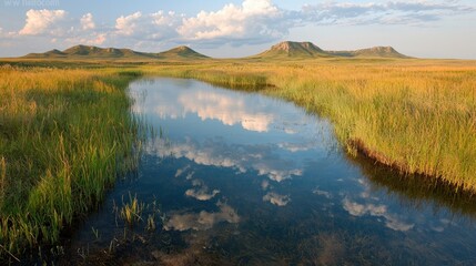 Calm Prairie Creek Reflecting Clouds