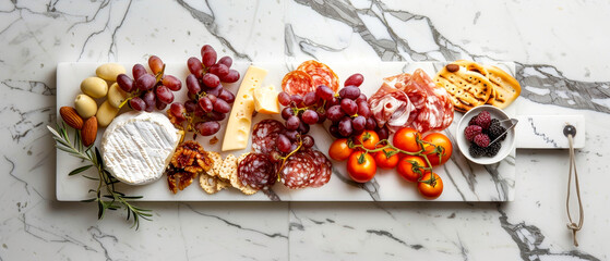 Top view white marble counter top with a tray of assorted fresh cheeses, meats and fruits
