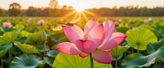 Blooming lotus flower with dragonfly at sunset, nature's beauty