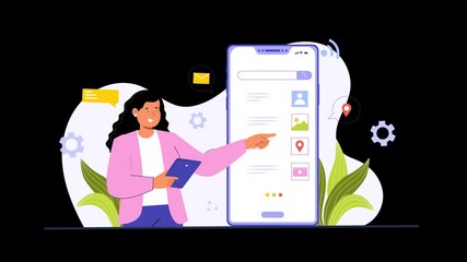 Show characters navigating search engines, exploring results, and refining queries in a streamlined, flat-styled animation.