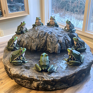 Eight frogs surrounding a rock in a circle indoors near a window with a winter view; nature display, home decor