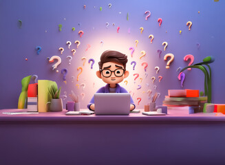 A person at a desk works on a laptop amidst floating question marks against a purple wall, surrounded by books and desk items, creating a questioning ambiance.