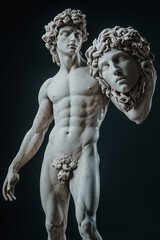 Perseus holding the head of the Gorgon Medusa. Ancient Greek and Roman mythology. Marble statue. Vertical image.