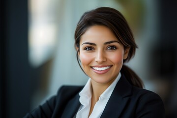 Fototapeta premium Confident Hispanic Businesswoman Smiling in a Close-Up Office Portrait, Corporate Worker or Entrepreneur