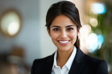 Young Hispanic Female Entrepreneur, Corporate Manager, Smiling Confidently in Office Headshot