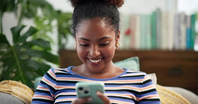 Woman, student and smile with smartphone for good news, university application and acceptance. African person, happy and mobile app with education, college enrollment and scholarship notification